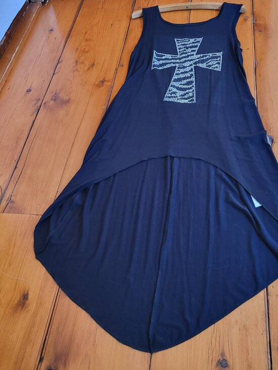 Twik Vintage Black High Low Dress Rhinestone Cross Sleeveless Whimsygoth - Picture 4 of 14